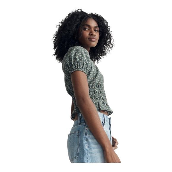 Madewell Poplin Puff-Sleeve Smocked Crop Top  Size XS - Picture 2 of 8